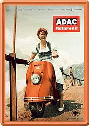 Blechpostkarte: ADAC mit Vespa Roller