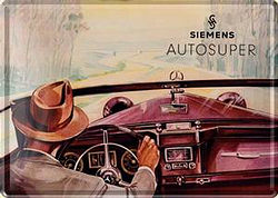 Blechpostkarte: Siemens Autosuper mit Mercedes Oldtimer