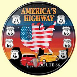 Blechschild: Route 66 mit Flagge und Street Rodes